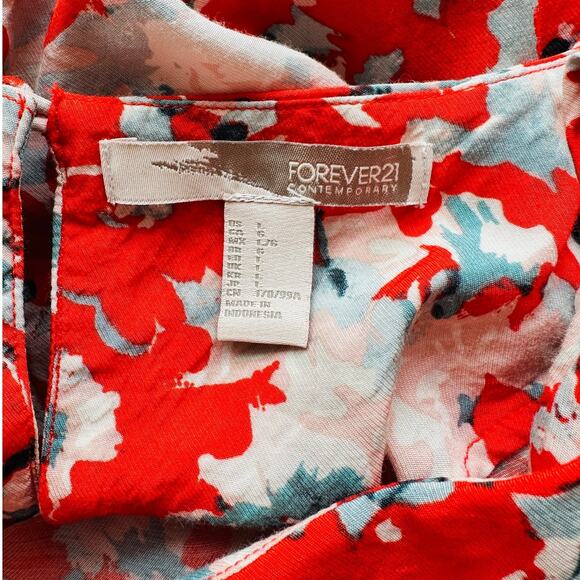 Cute Red Pink Blue Floral 3/4 Cuffed Sleeves Wide Round Neck Blouse Top L - Picture 7 of 10